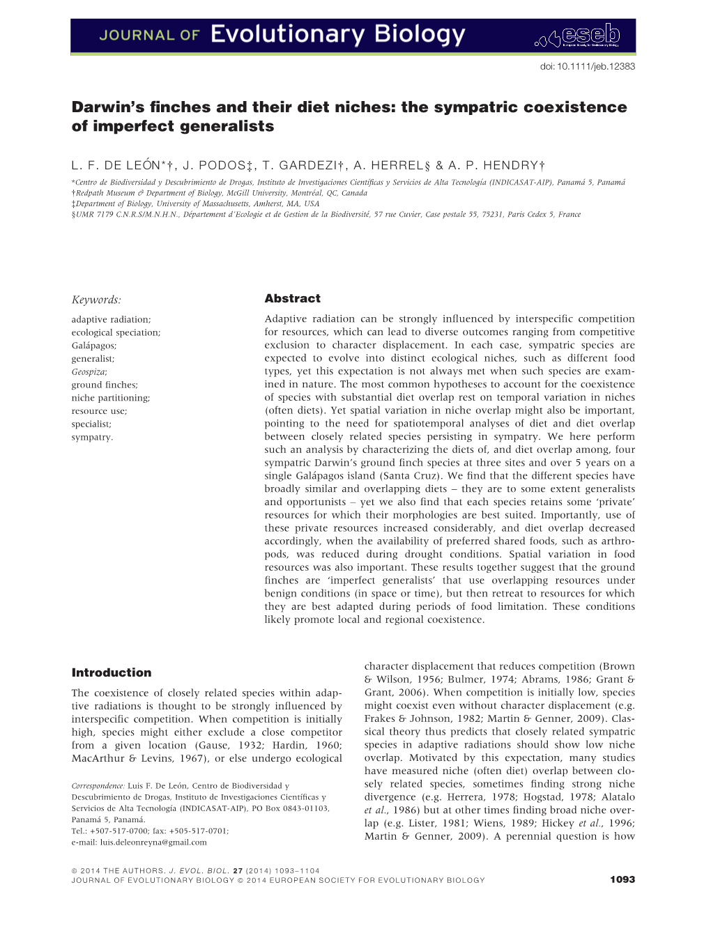 Darwins Finches and Their Diet Niches: the Sympatric Coexistence Of