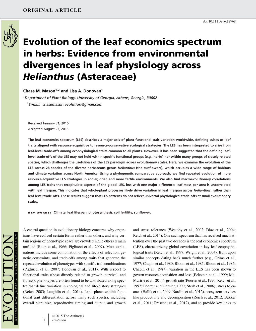 Evolution of the Leaf Economics Spectrum in Herbs: Evidence from Environmental Divergences in Leaf Physiology Across <I>He