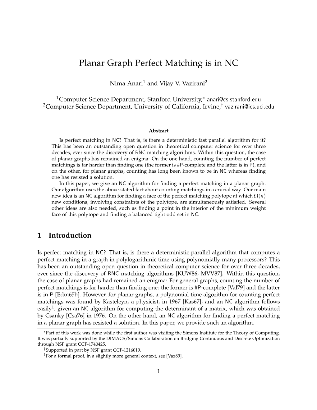 Planar Graph Perfect Matching Is in NC