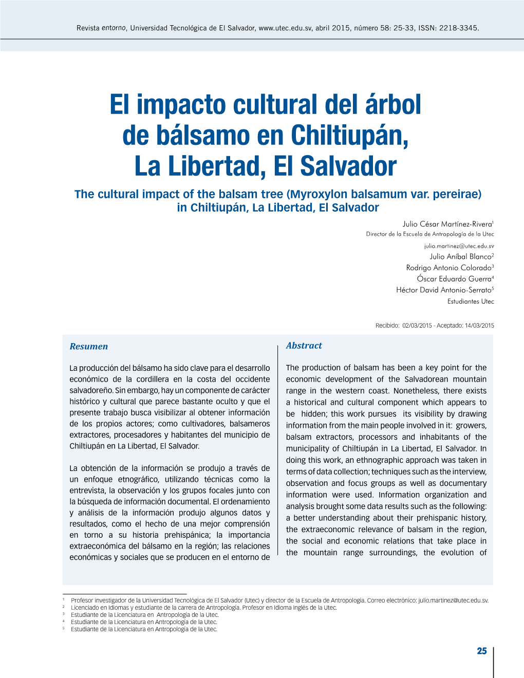 El Impacto Cultural Del Árbol De Bálsamo En Chiltiupán, La Libertad, El Salvador the Cultural Impact of the Balsam Tree (Myroxylon Balsamum Var