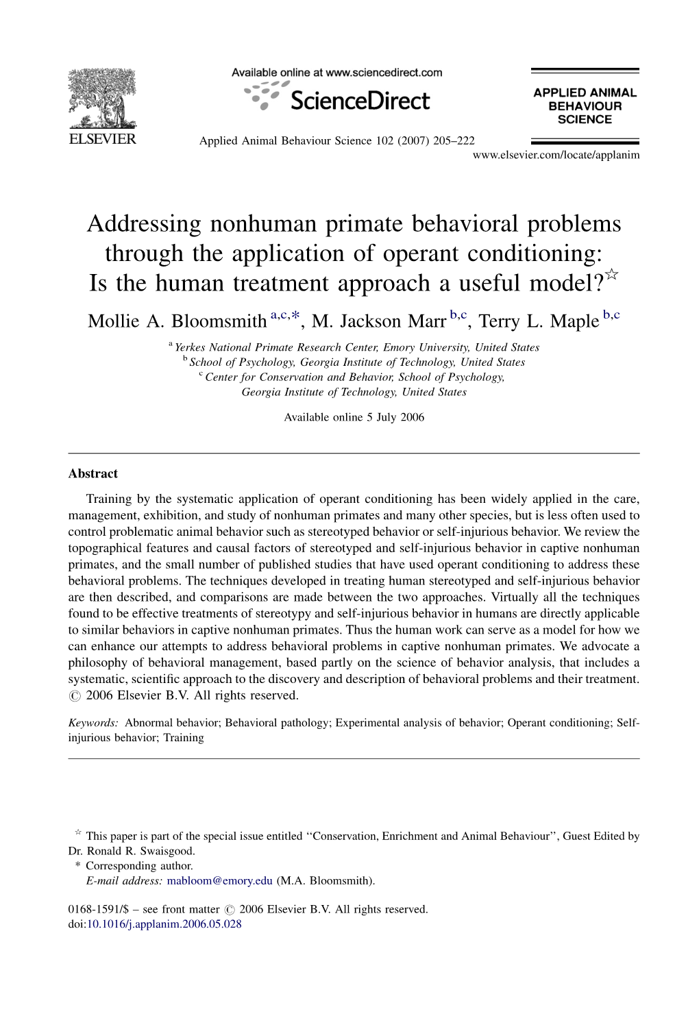 Addressing Nonhuman Primate Behavioral Problems Through the Application of Operant Conditioning: Is the Human Treatment Approach a Useful Model?§ Mollie A