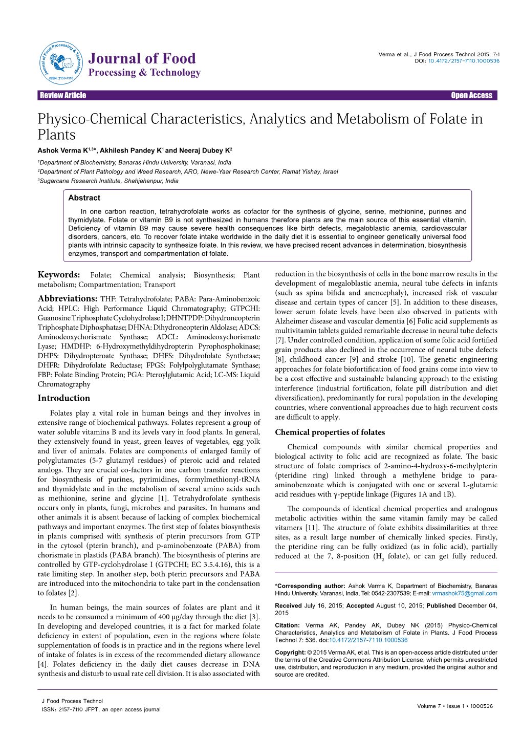 Physico-Chemical Characteristics, Analytics and Metabolism of Folate