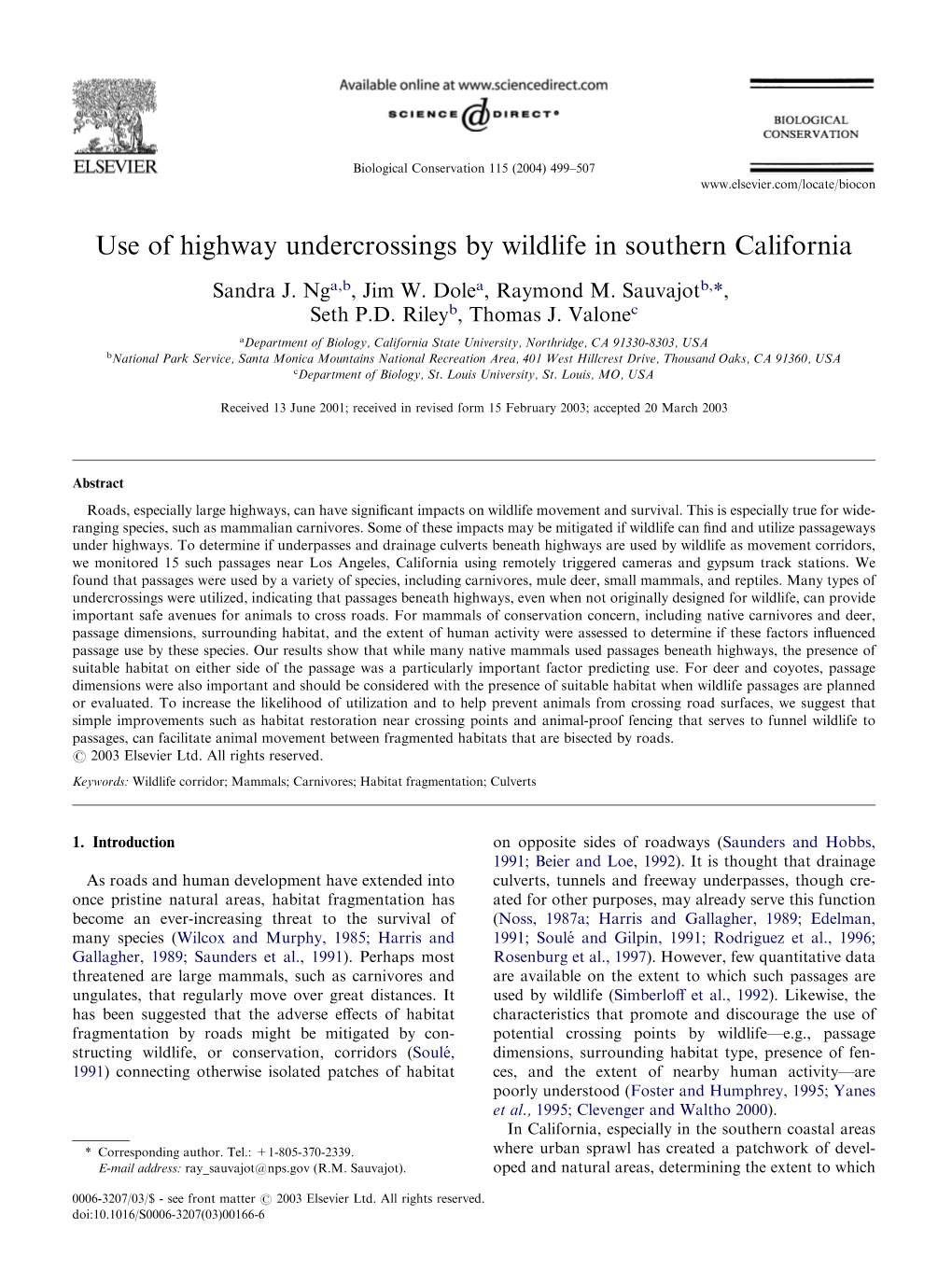 Use of Highway Undercrossings by Wildlife in Southern California