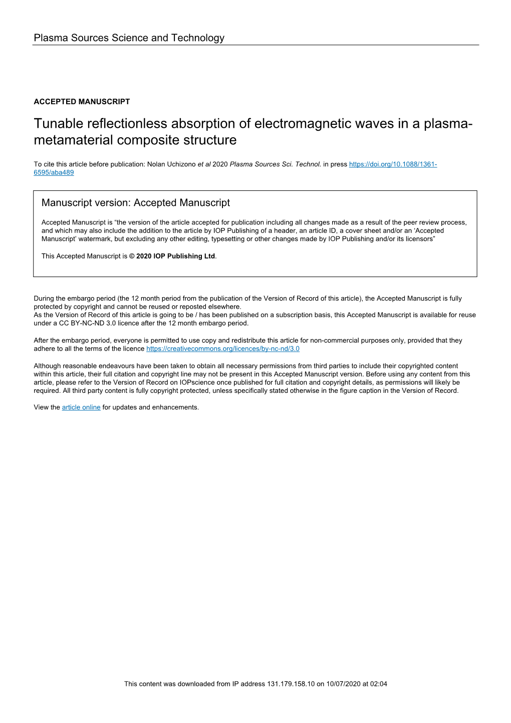 Tunable Reflectionless Absorption of Electromagnetic Waves in a Plasma- Metamaterial Composite Structure