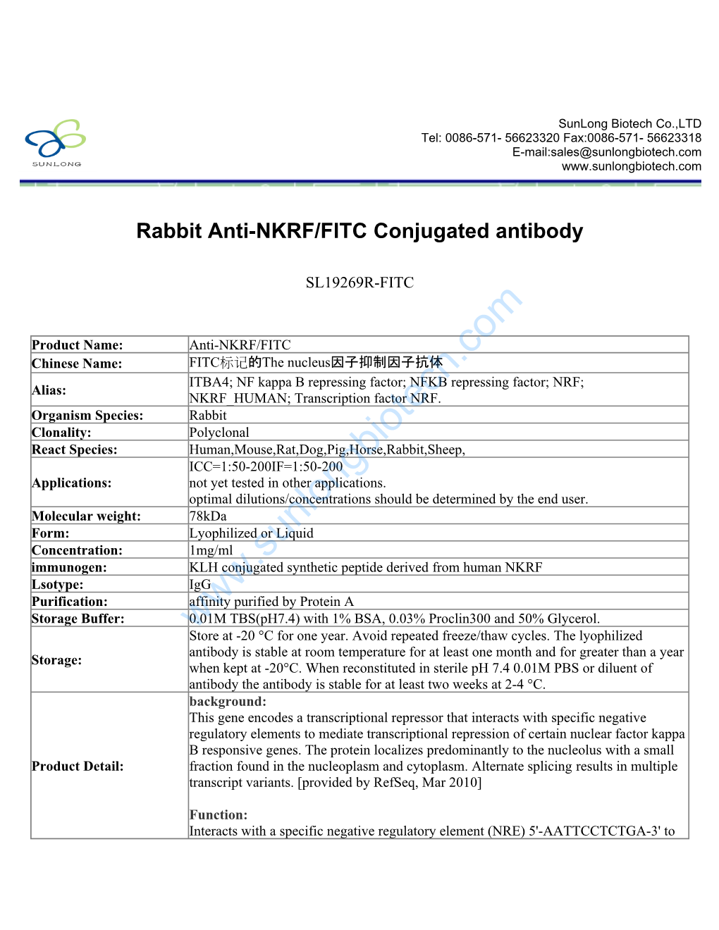 Rabbit Anti-NKRF/FITC Conjugated Antibody-SL19269R-FITC