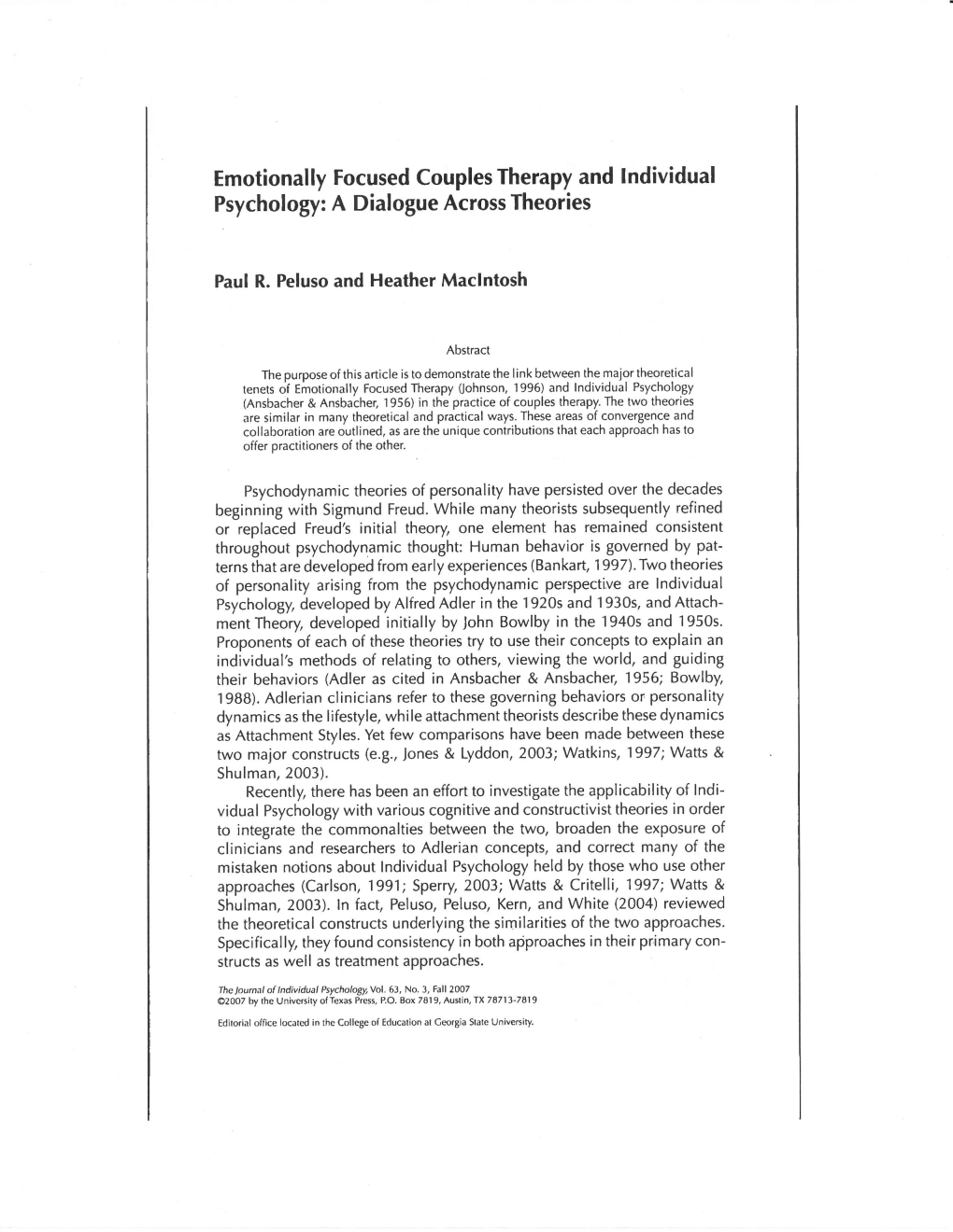 Emotionally Focused Couples Therapy and Individual Psychology: a Dialogue Across Theories