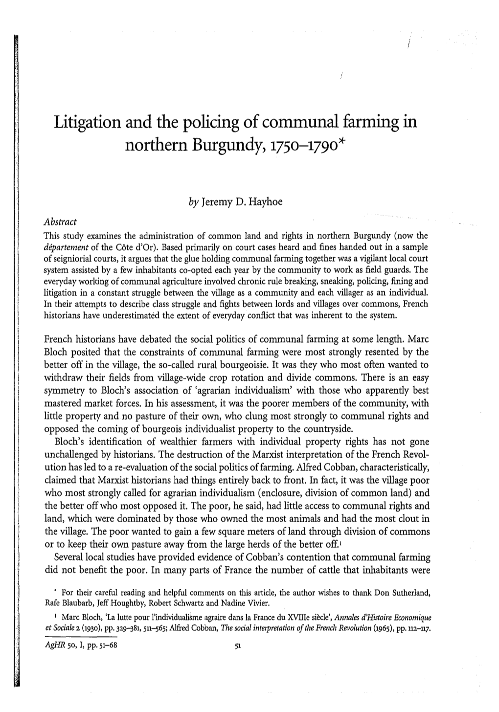 Litigation and the Policing of Communal Faming in Northern Burgundy, 1750--1790"