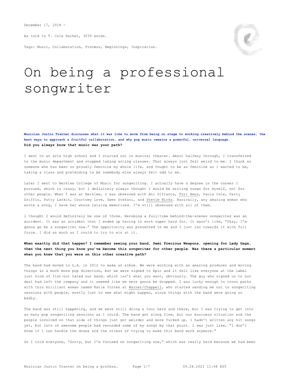 Musician Justin Tranter on Being a Professional Songwriter