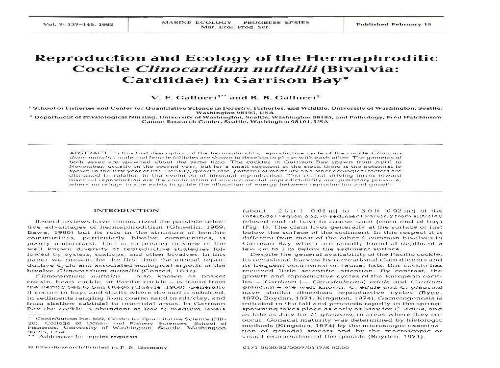 Reproduction and Ecology of the Hermaphroditic Cockle Clinocardium Nuttallii (Bivalvia: Cardiidae) in Garrison Bay*