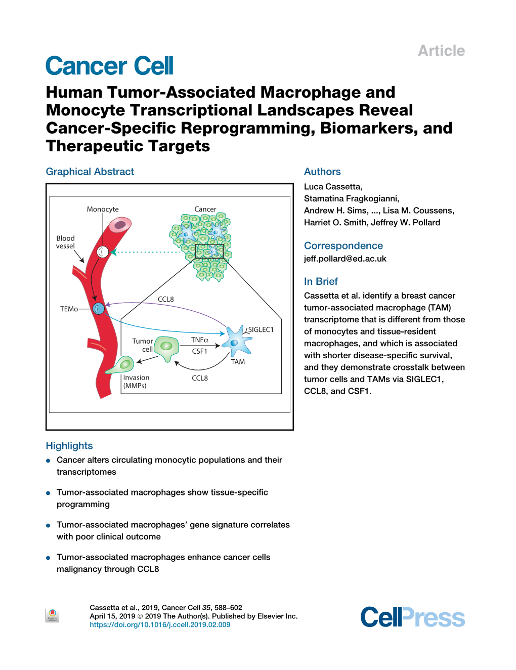 Human Tumor-Associated Macrophage and Monocyte Transcriptional Landscapes Reveal Cancer-Specific Reprogramming, Biomarkers