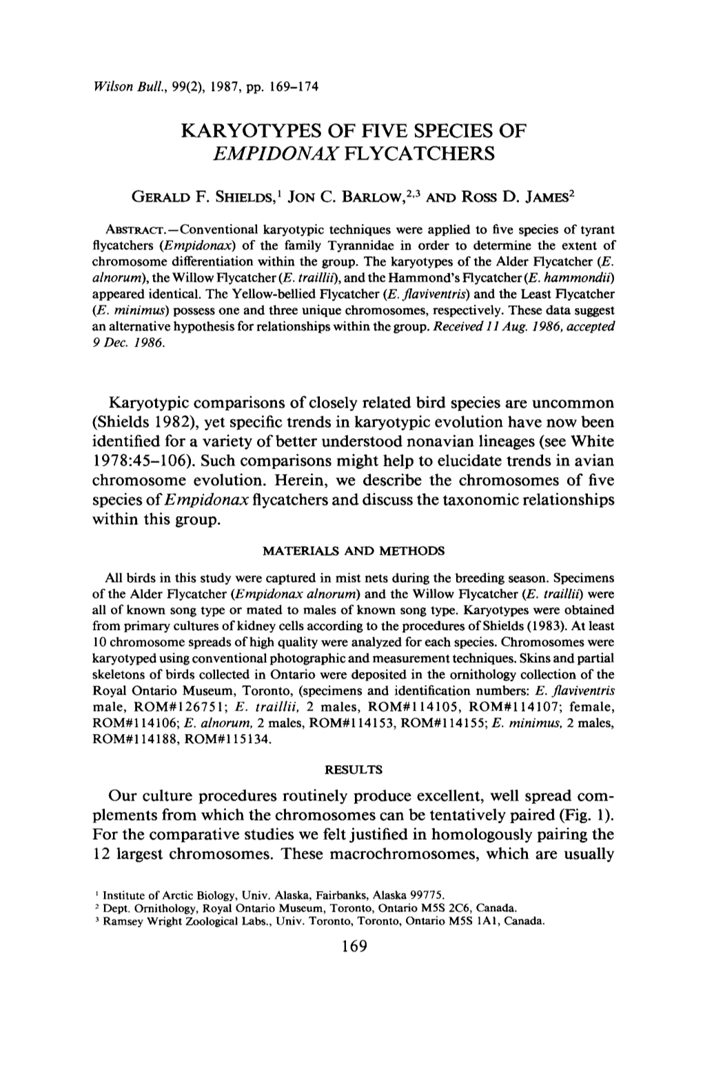 Karyotypes of Five Species of Empidonax Flycatchers