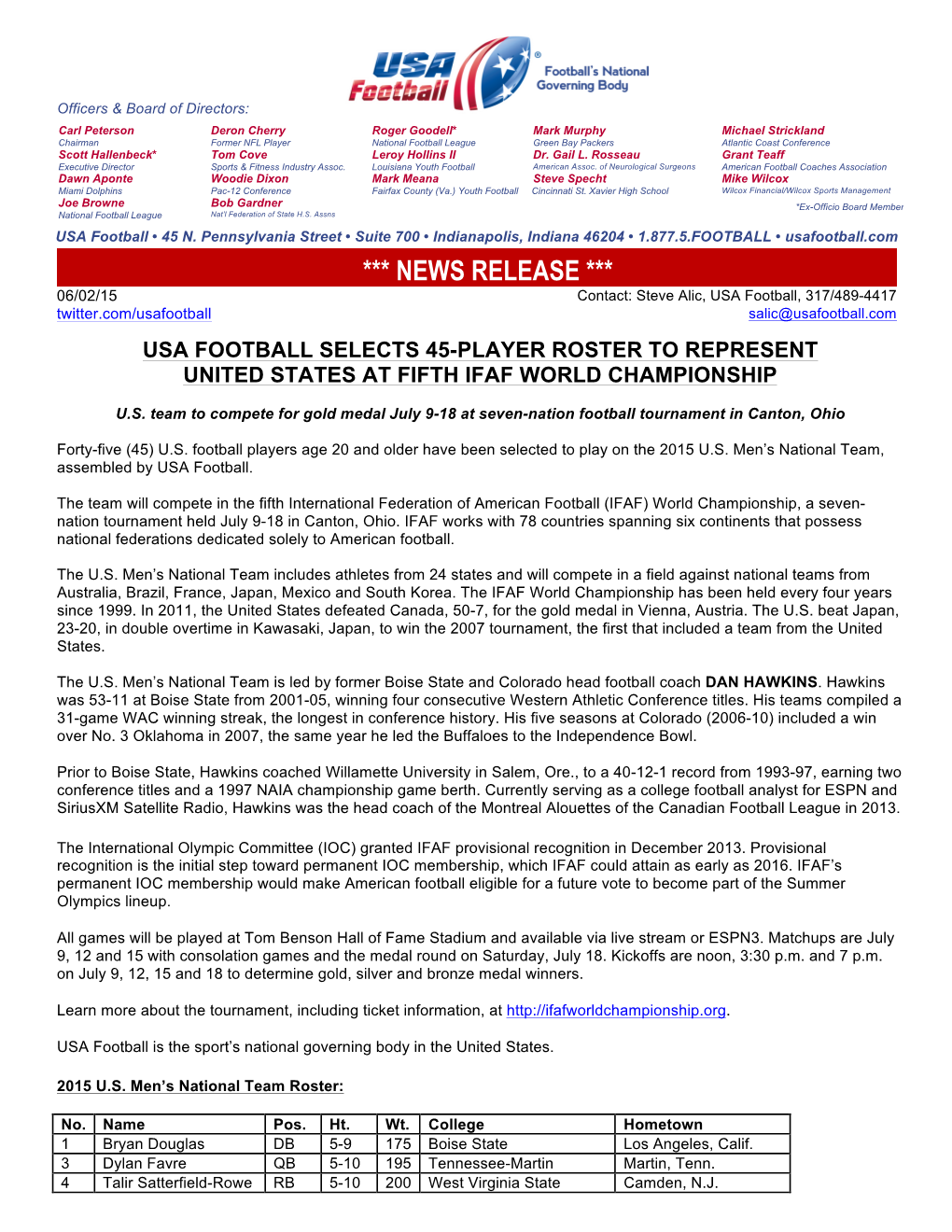 USA Football Release