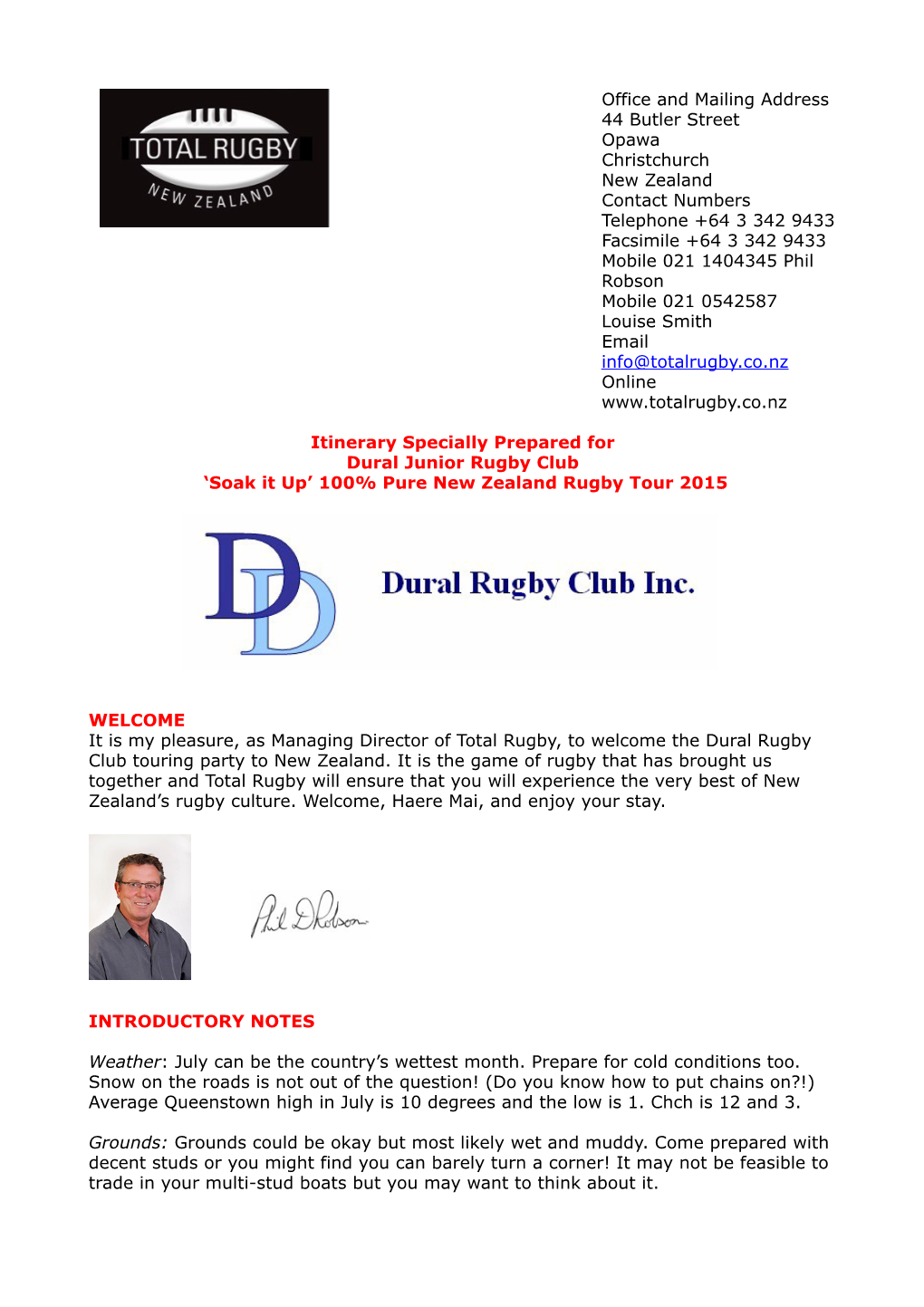 Dural Junior Rugby Tour 2015 Full Itinerary Update 3.Pages