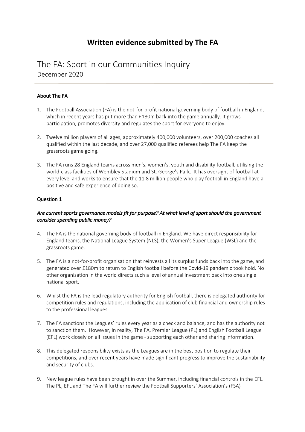 The FA: Sport in Our Communities Inquiry December 2020