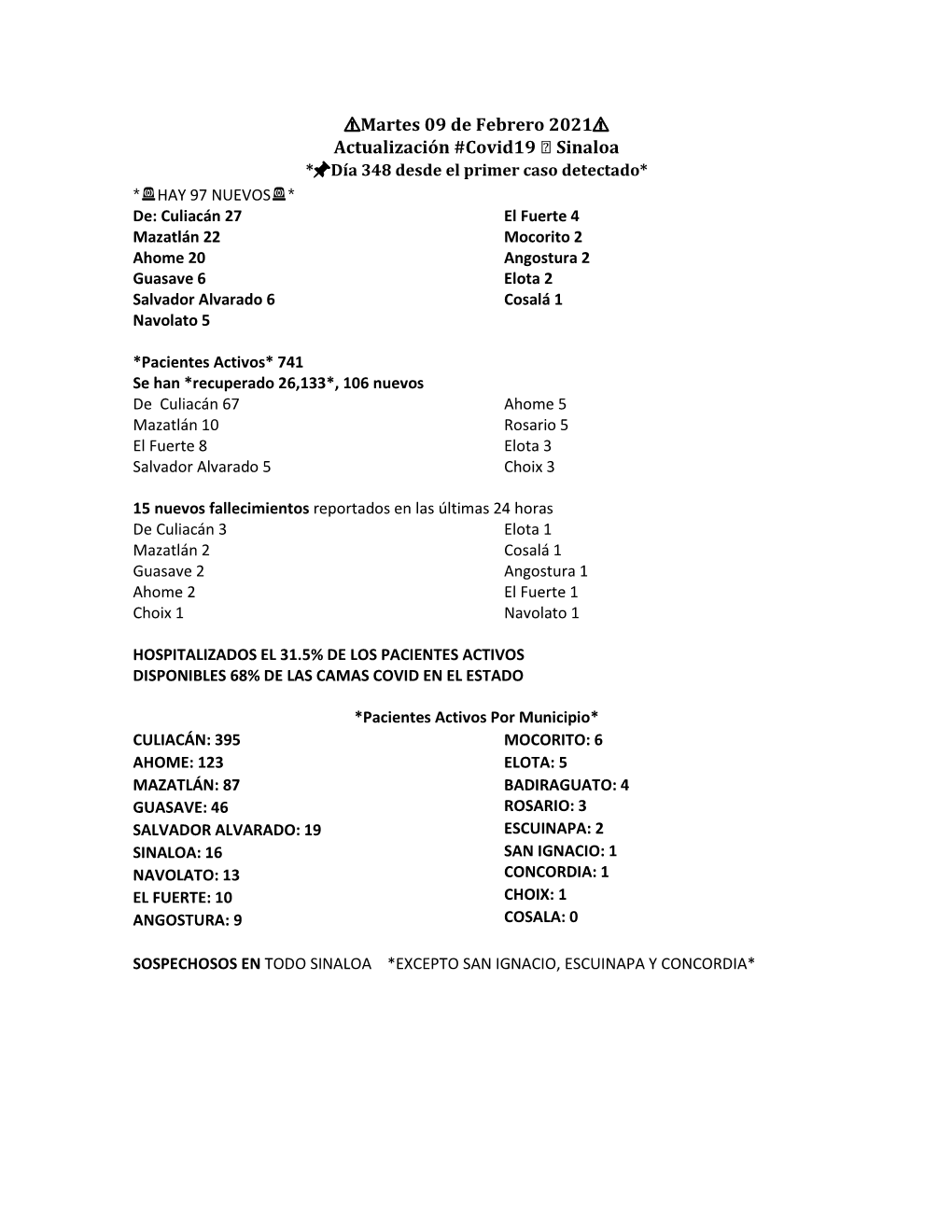 Martes 09 De Febrero 2021 Actualización #Covid19 Sinaloa