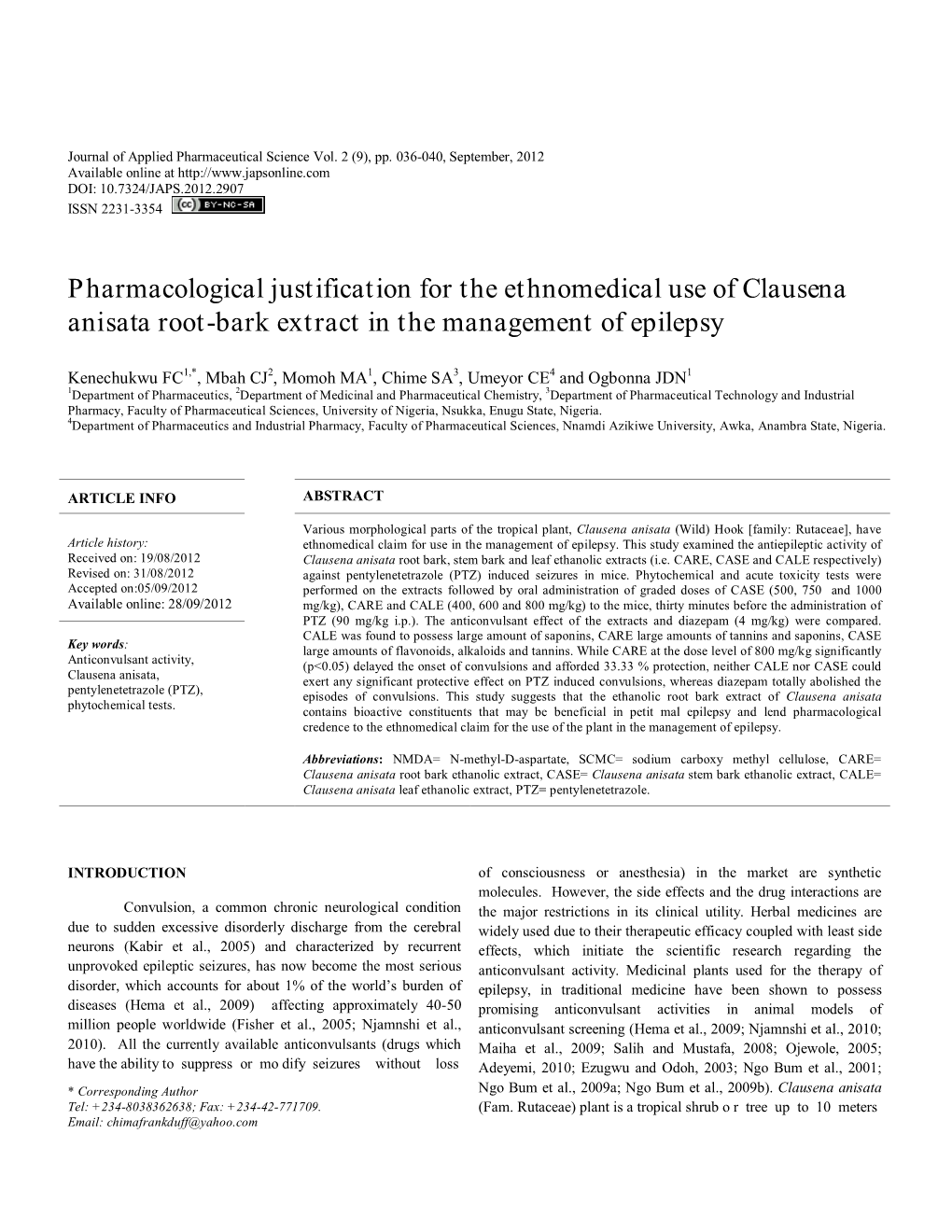 Clausena Anisata Root-Bark Extract in the Management of Epilepsy