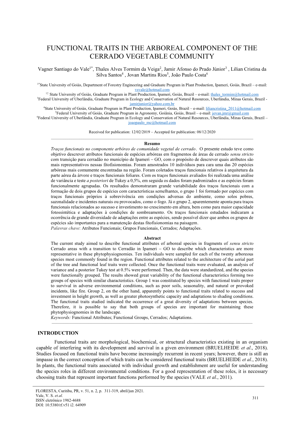 Functional Traits in the Arboreal Component of the Cerrado Vegetable Community