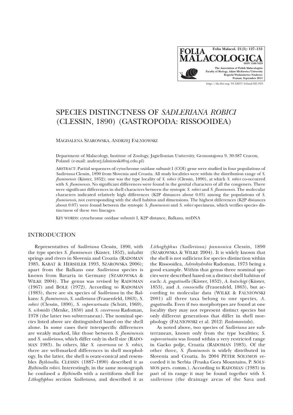 Species Distinctness of Sadleriana Robici (Clessin, 1890) (Gastropoda: Rissooidea)