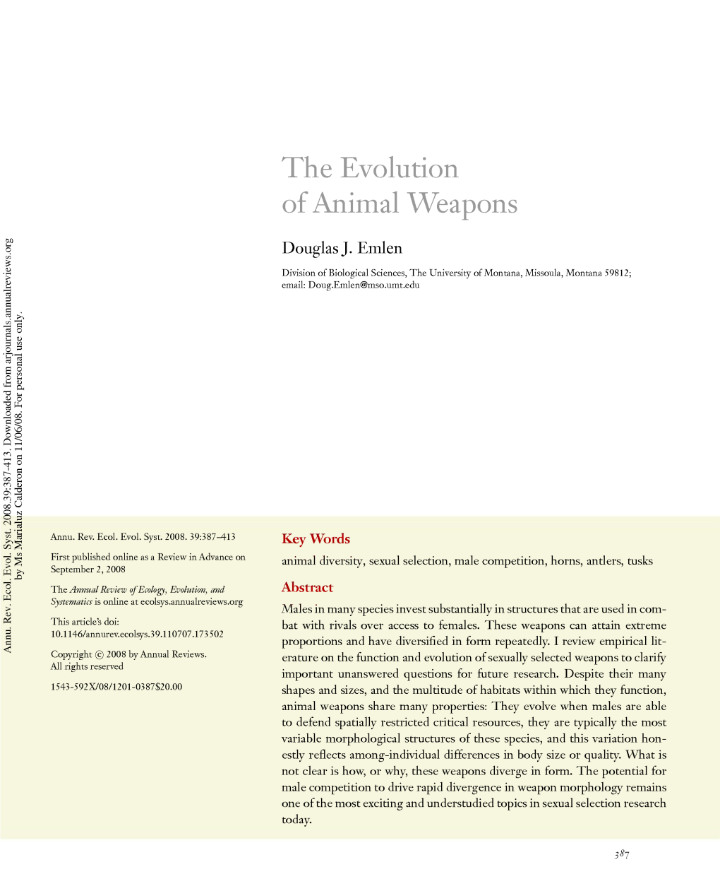 The Evolution of Animal Weapons