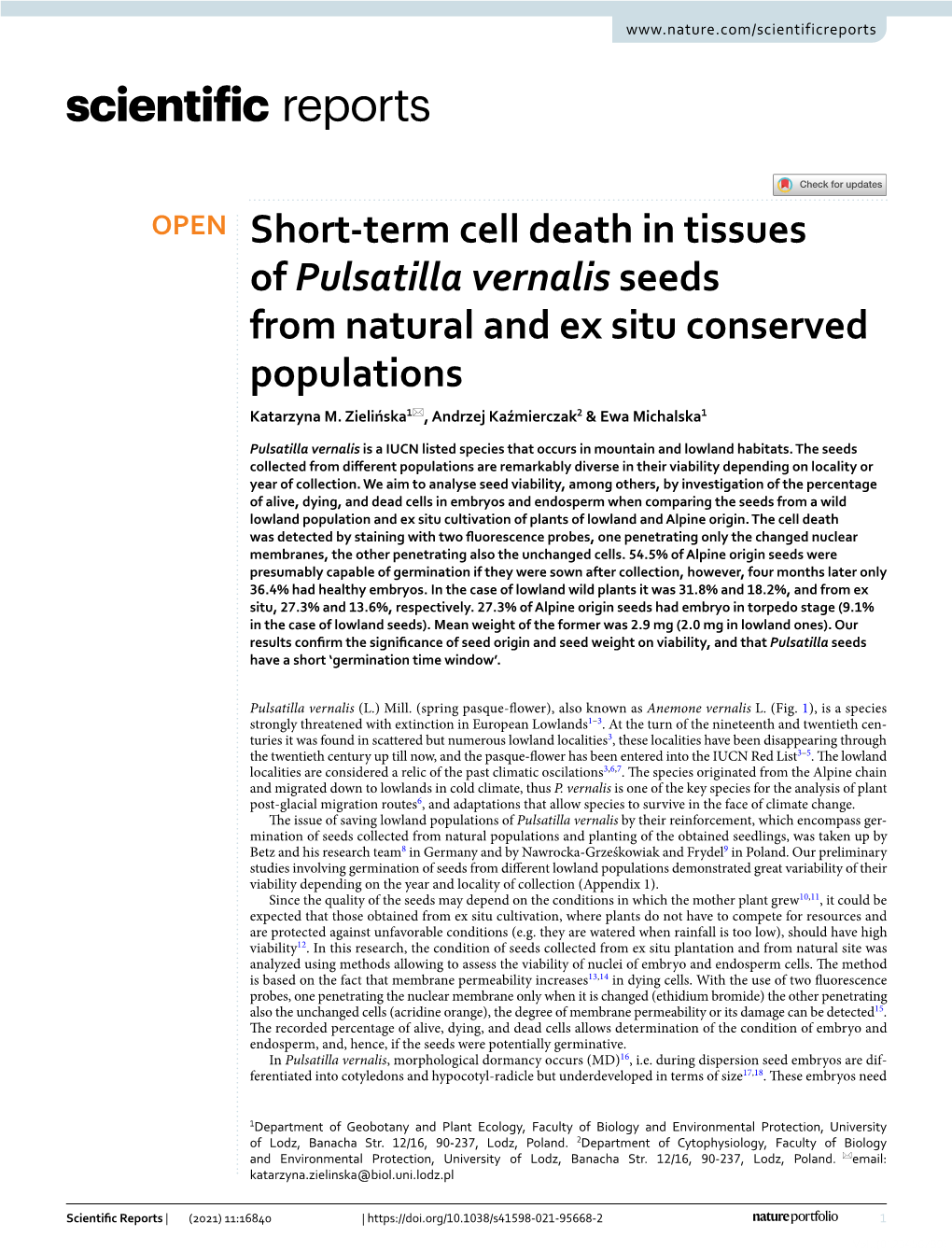 Short-Term Cell Death in Tissues of Pulsatilla Vernalis Seeds From