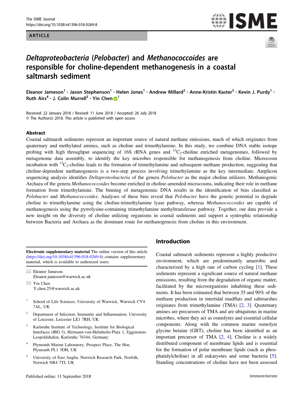 (Pelobacter) and Methanococcoides Are Responsible for Choline-Dependent Methanogenesis in a Coastal Saltmarsh Sediment