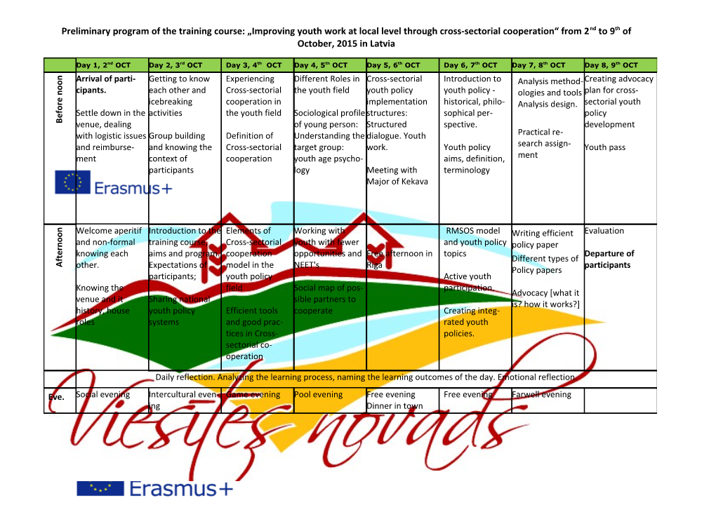 Preliminary Program of the Training Course: Improving Youth Work at Local Level Through