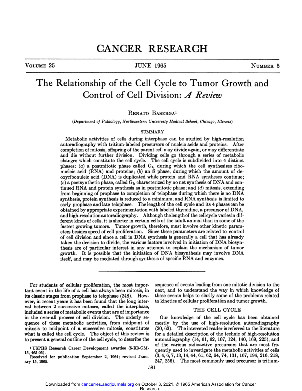 CANCER RESEARCH the Relationship of the Cell Cycle To