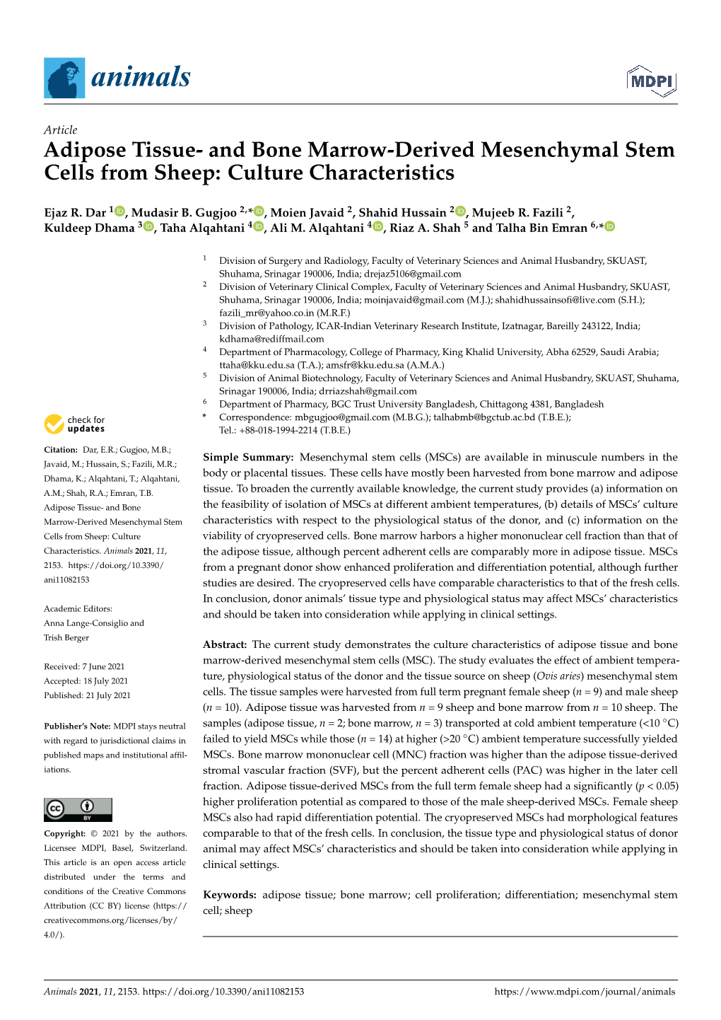 Adipose Tissue- and Bone Marrow-Derived Mesenchymal Stem Cells from Sheep: Culture Characteristics