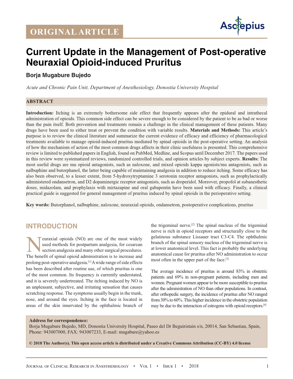 Current Update in the Management of Post-Operative Neuraxial Opioid-Induced Pruritus Borja Mugabure Bujedo