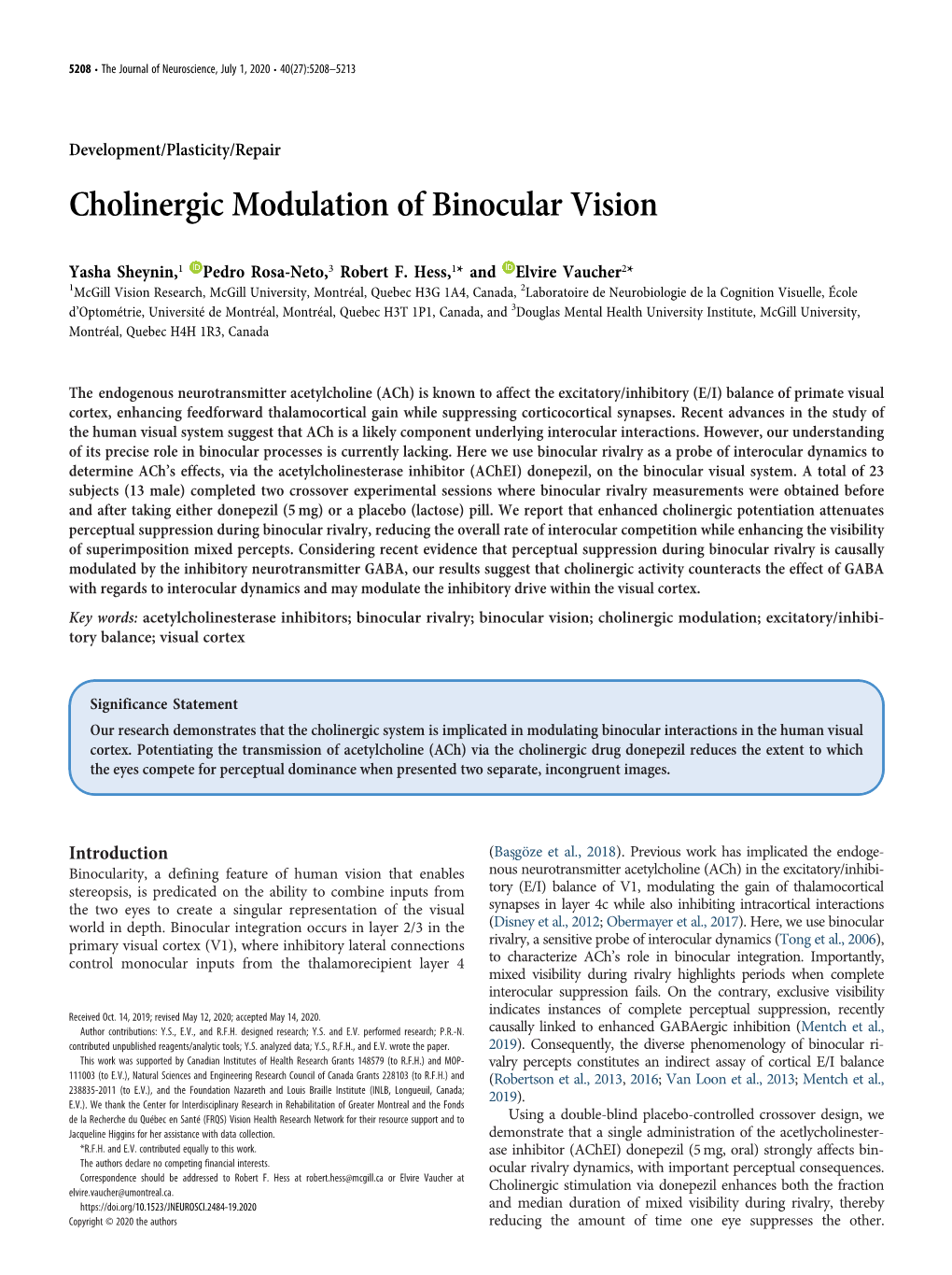 Cholinergic Modulation of Binocular Vision