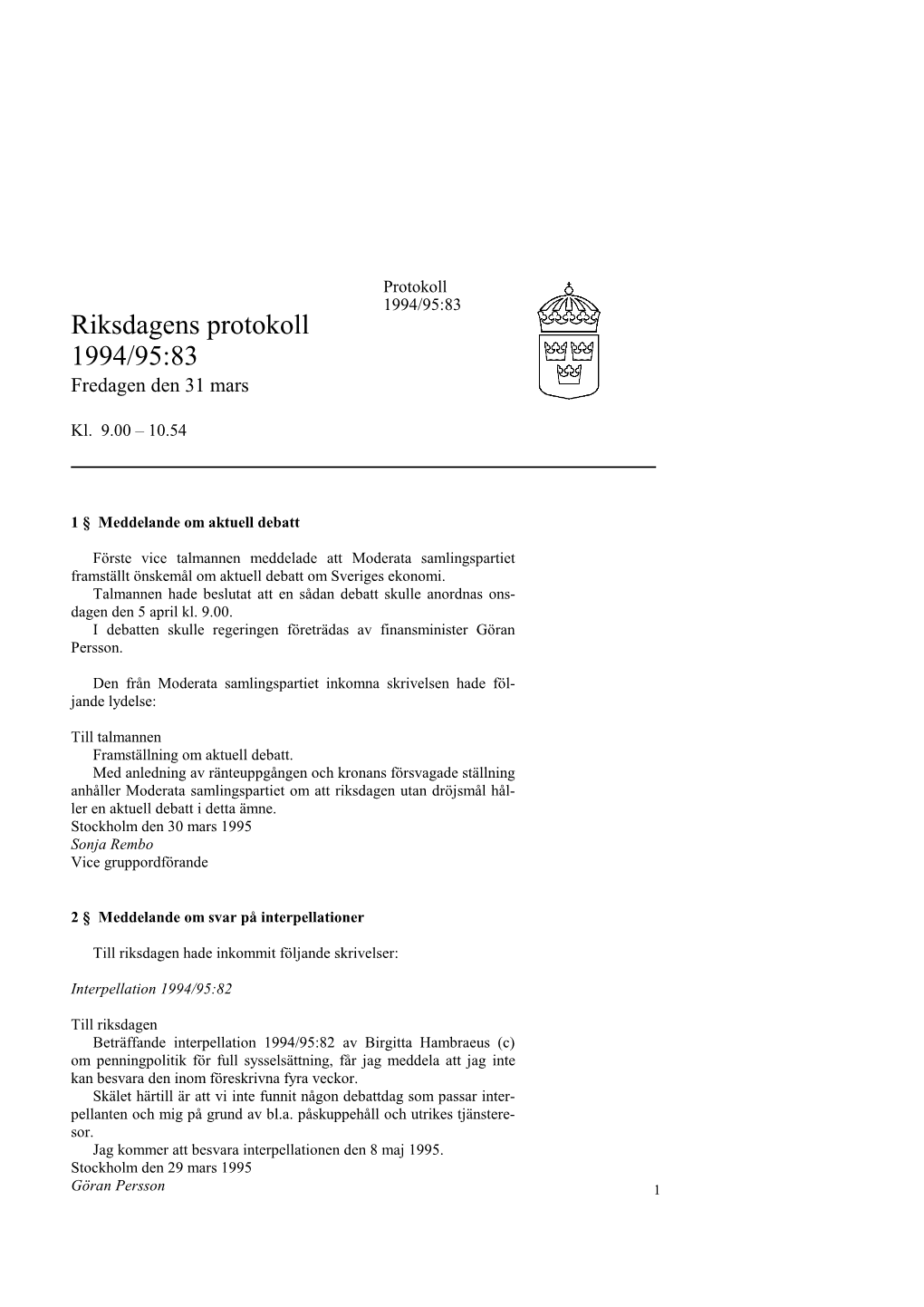 1 § Meddelande Om Aktuell Debatt