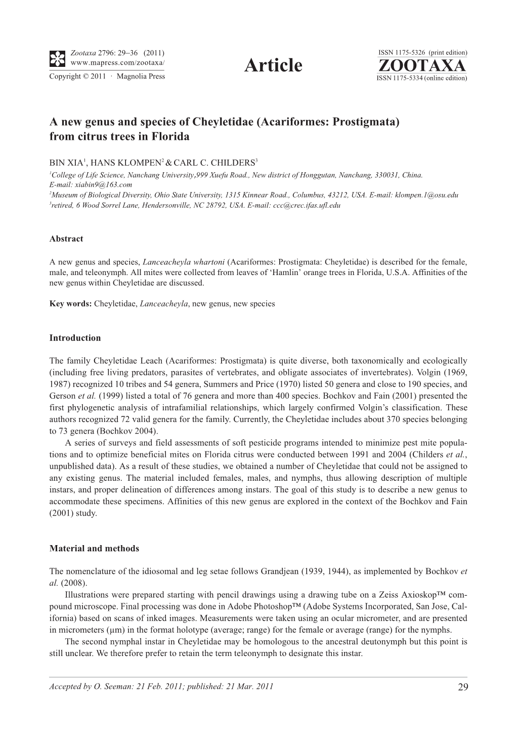 A New Genus and Species of Cheyletidae (Acariformes: Prostigmata) from Citrus Trees in Florida