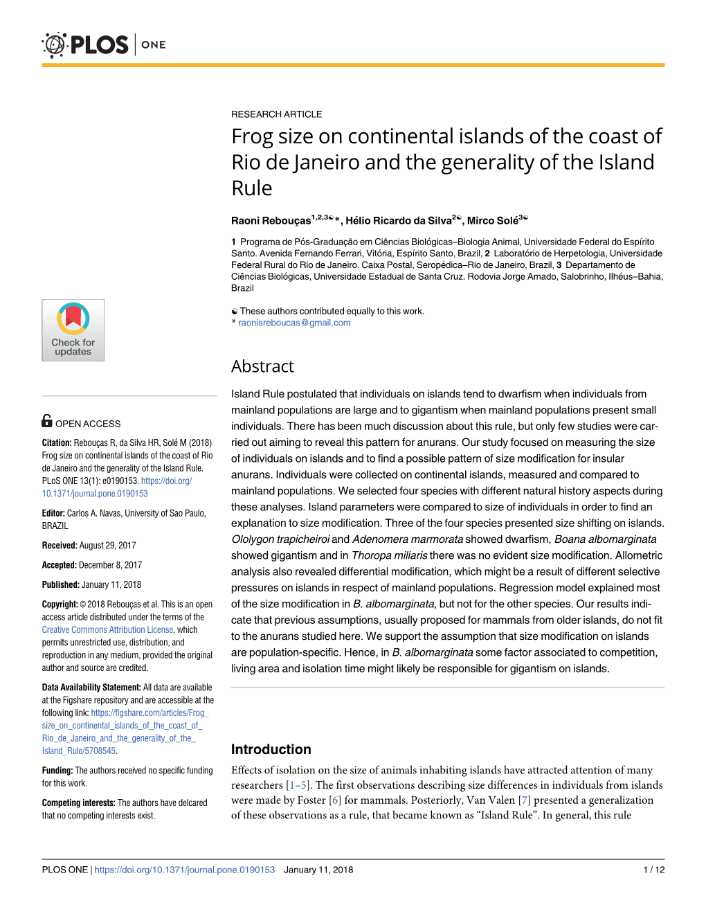 Frog Size on Continental Islands of the Coast of Rio De Janeiro and the Generality of the Island Rule