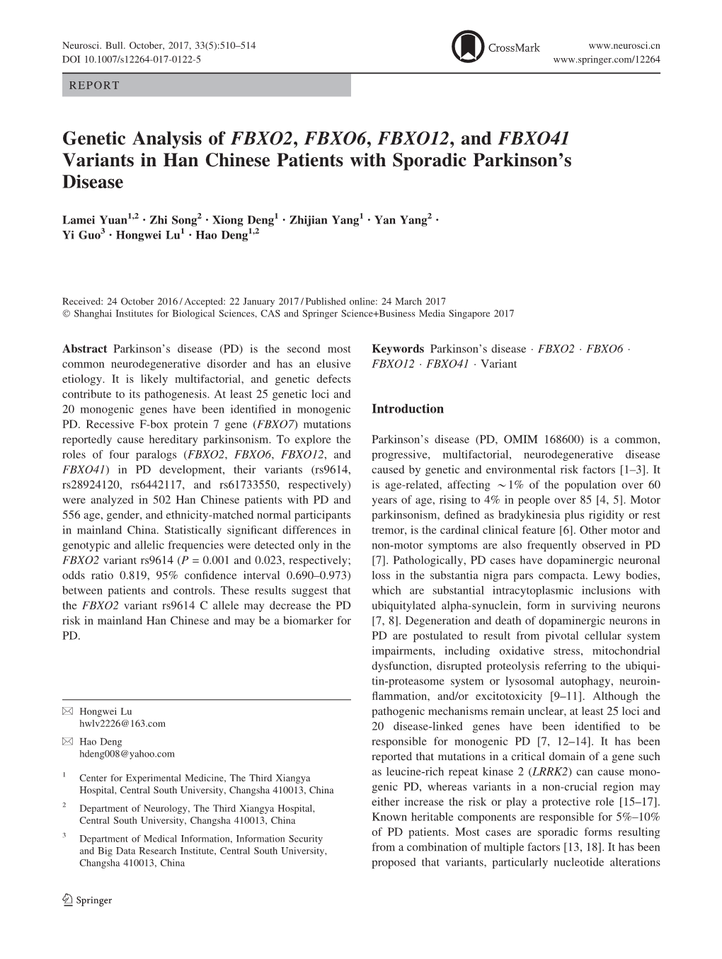 Genetic Analysis of FBXO2, FBXO6, FBXO12, and FBXO41 Variants in Han Chinese Patients with Sporadic Parkinson’S Disease