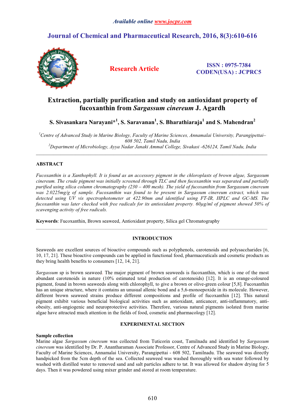 610-616 Research Article Extraction, Partially Purification