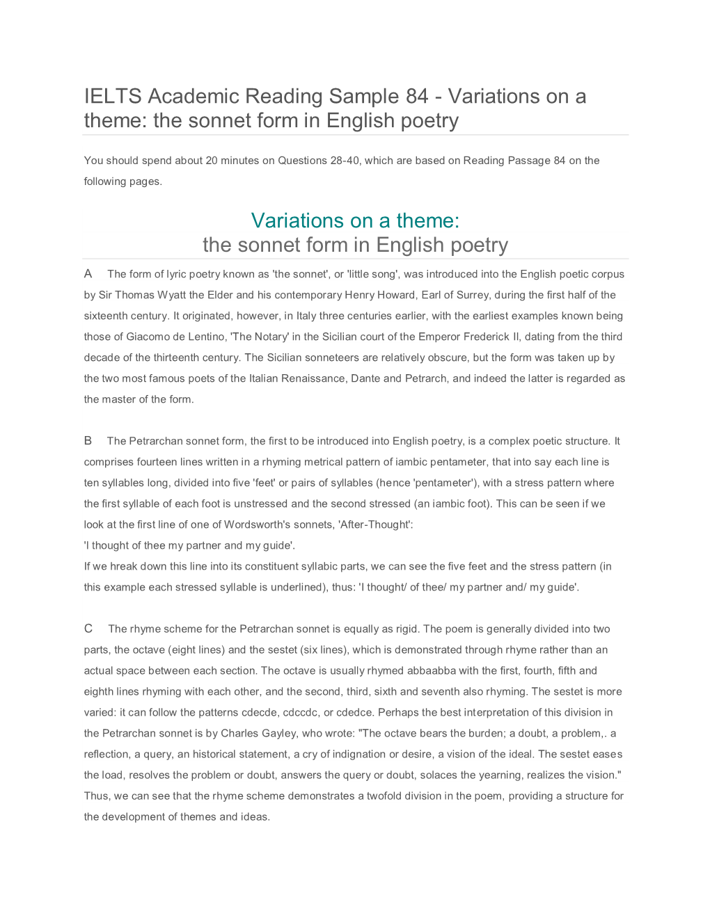 The Sonnet Form in English Poetry Variations on a Theme