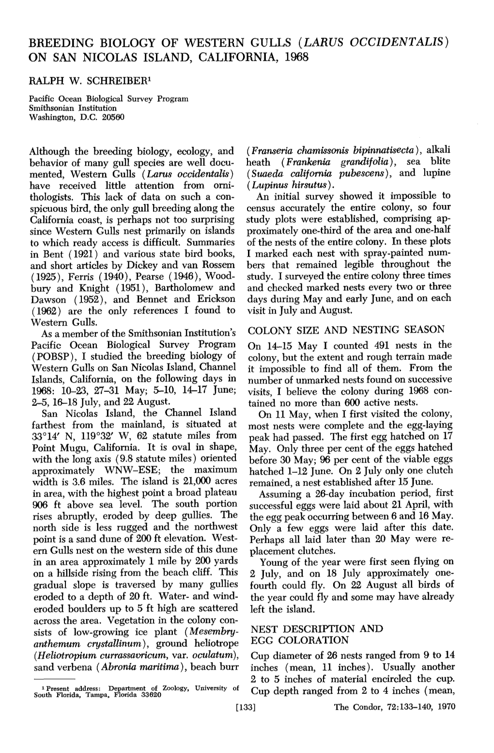 Breeding Biology of Western Gulls (Lams Occidentalis) on San Nicolas Island, California, 1968