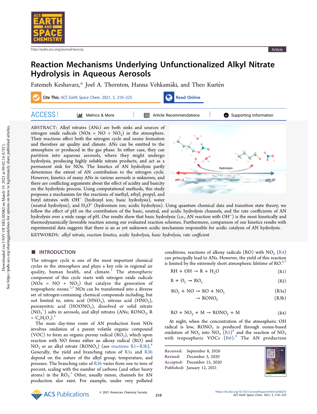 Reaction Mechanisms Underlying Unfunctionalized Alkyl Nitrate Hydrolysis in Aqueous Aerosols Fatemeh Keshavarz,* Joel A