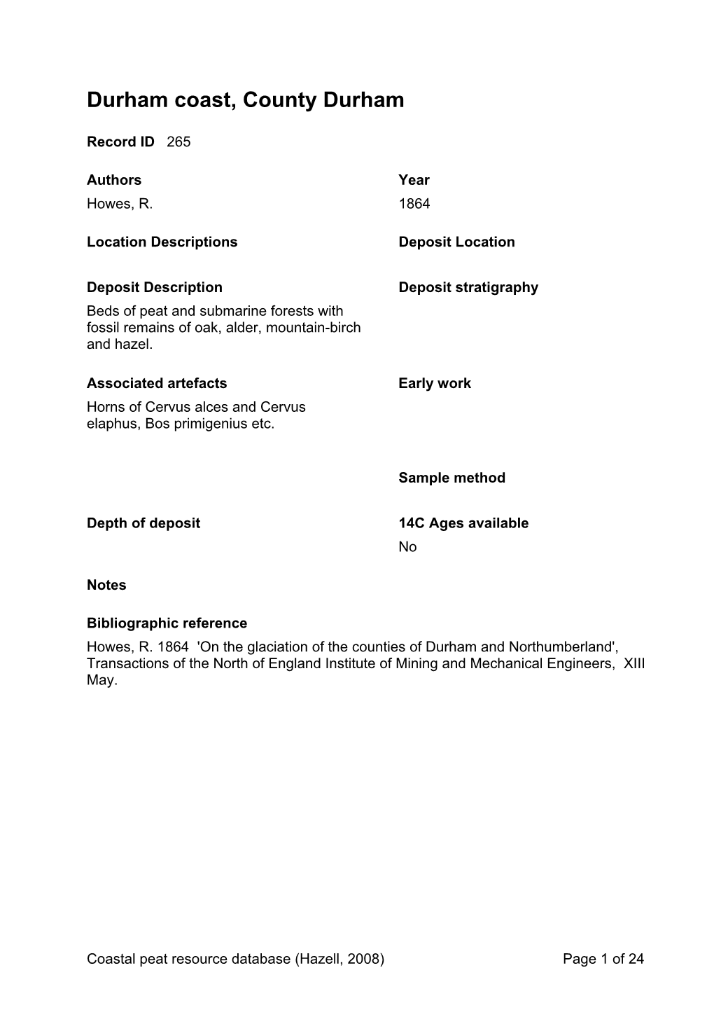 Peat Database Results County Durham