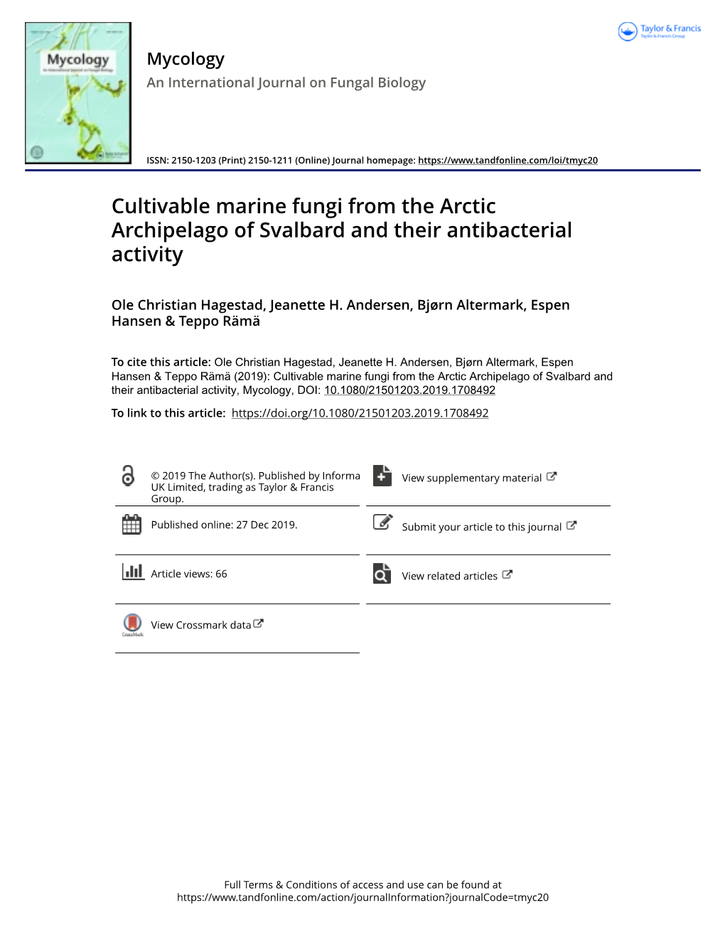 Cultivable Marine Fungi from the Arctic Archipelago of Svalbard and Their Antibacterial Activity
