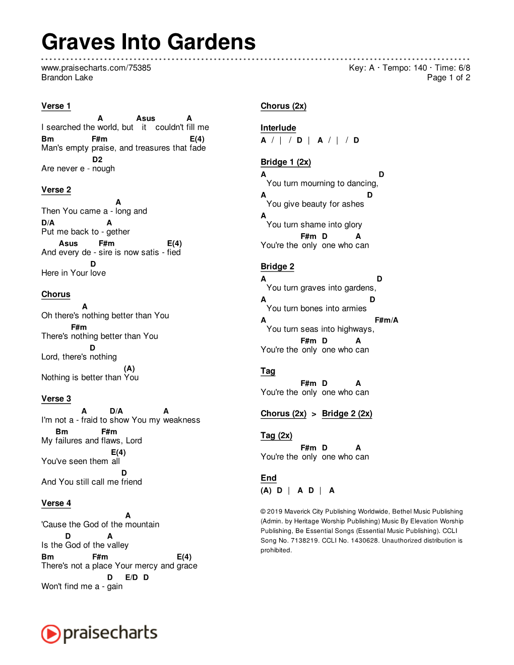 Graves Into Gardens Key: a · Tempo: 140 · Time: 6/8 Brandon Lake Page 1 of 2