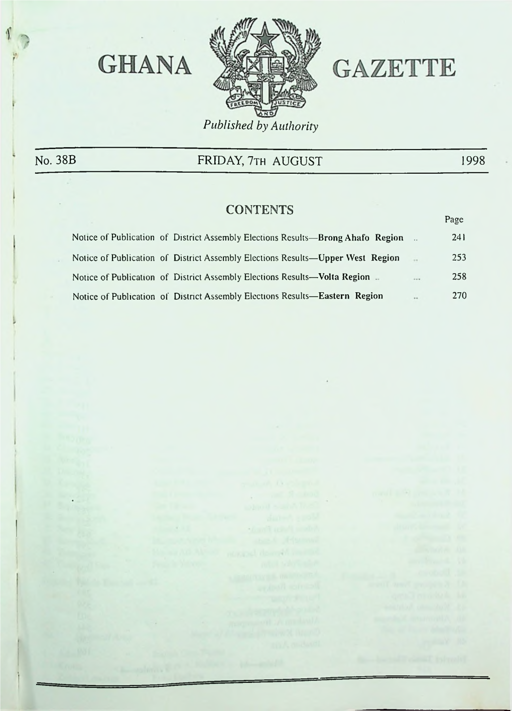 Published by Authority No. 38B FRIDAY, 7Th AUGUST 1998 CONTENTS