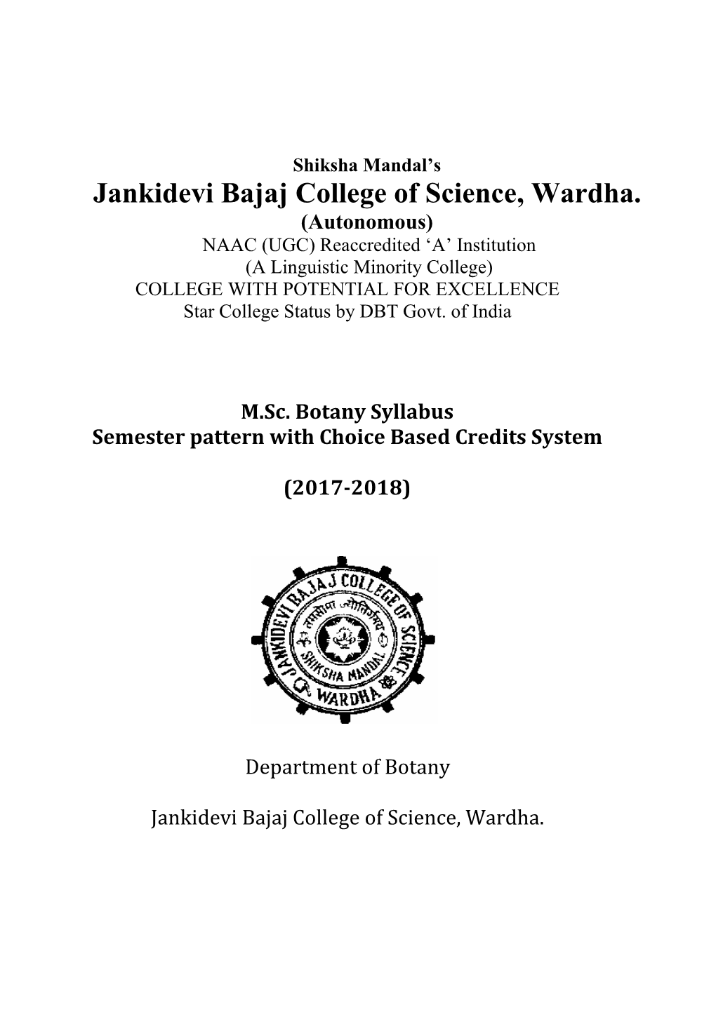 Botany Syllabus Semester Pattern with Choice Based Credits System