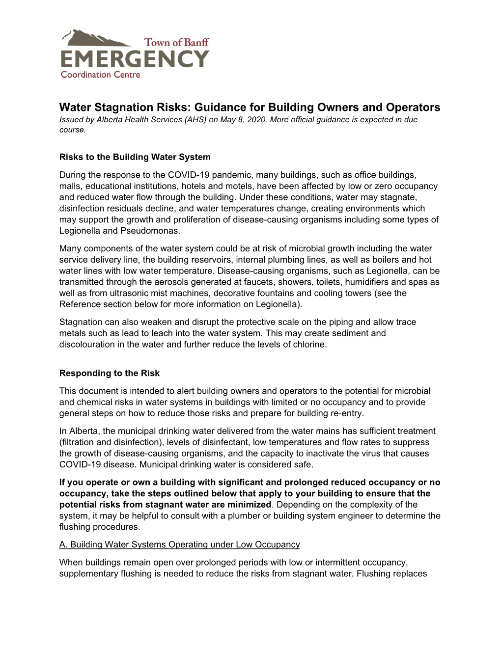 Water Stagnation Risks: Guidance for Building Owners and Operators Issued by Alberta Health Services (AHS) on May 8, 2020