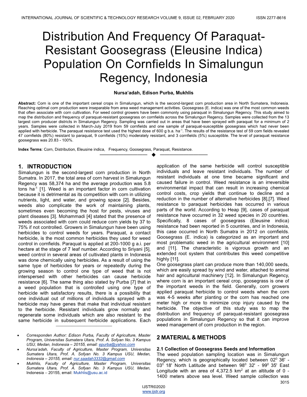 (Eleusine Indica) Population on Cornfields in Simalungun Regency, Indonesia