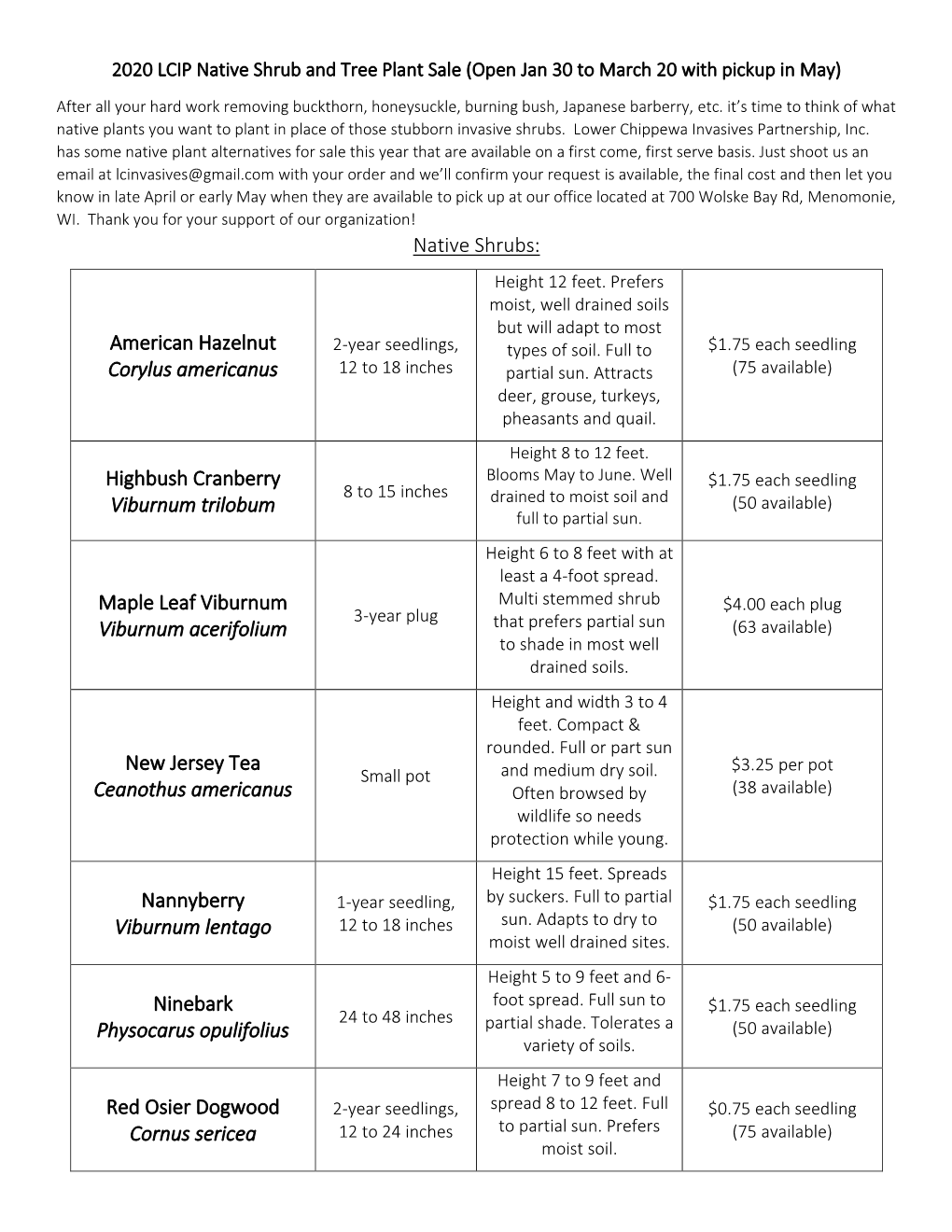 2020 LCIP Native Plant Sale Ad