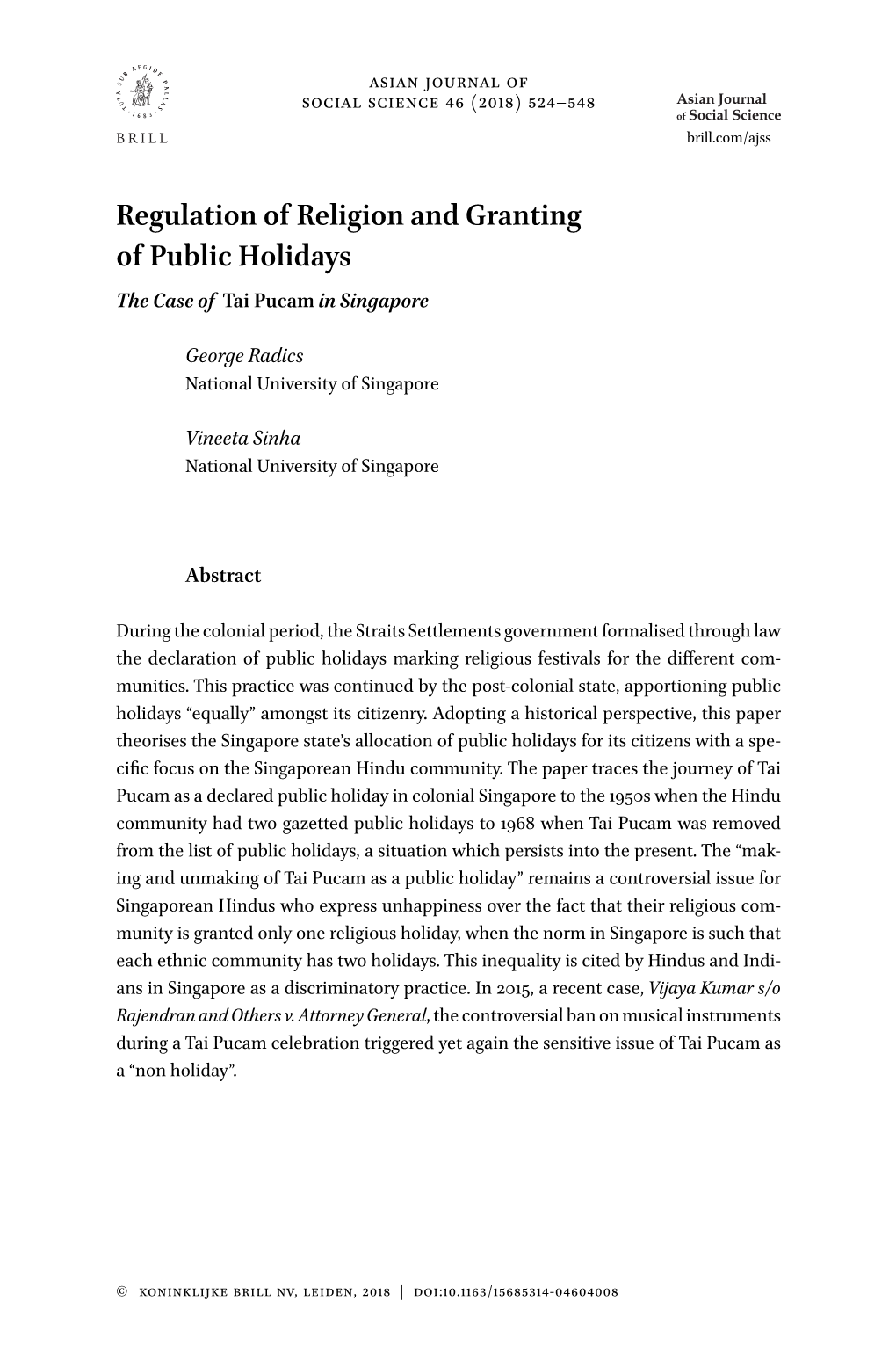 Regulation of Religion and Granting of Public Holidays the Case of Tai Pucam in Singapore