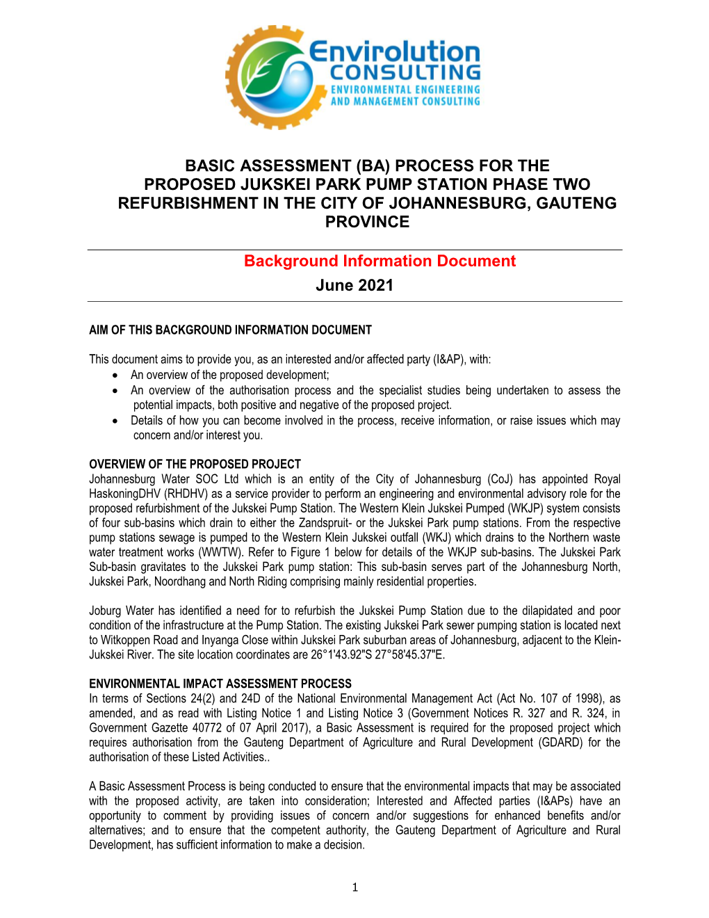 Process for the Proposed Jukskei Park Pump Station Phase Two Refurbishment in the City of Johannesburg, Gauteng Province