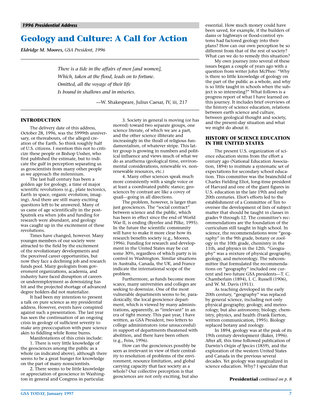 Geology and Culture: a Call for Action Tems Had Factored Geology Into Their Plans? How Can Our Own Perception Be So Eldridge M