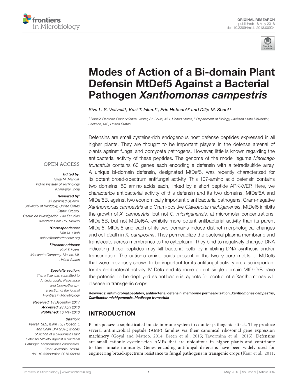 Modes of Action of a Bi-Domain Plant Defensin Mtdef5 Against a Bacterial Pathogen Xanthomonas Campestris